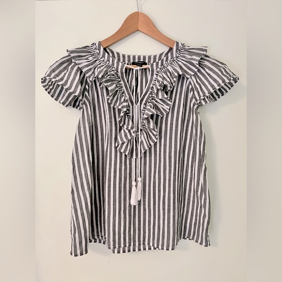 Lord & Taylor Tops - LORD & TAYLOR 💯 Cotton Cap Sleeve Gray and White Striped Ruffle Blouse, Tie Neck